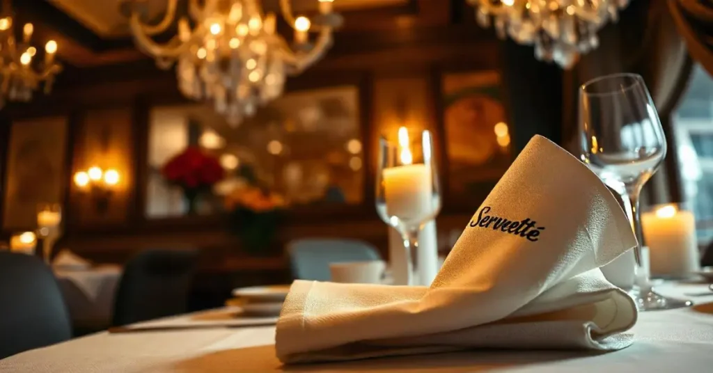 A clean serviette placed on a dining table ready for use.