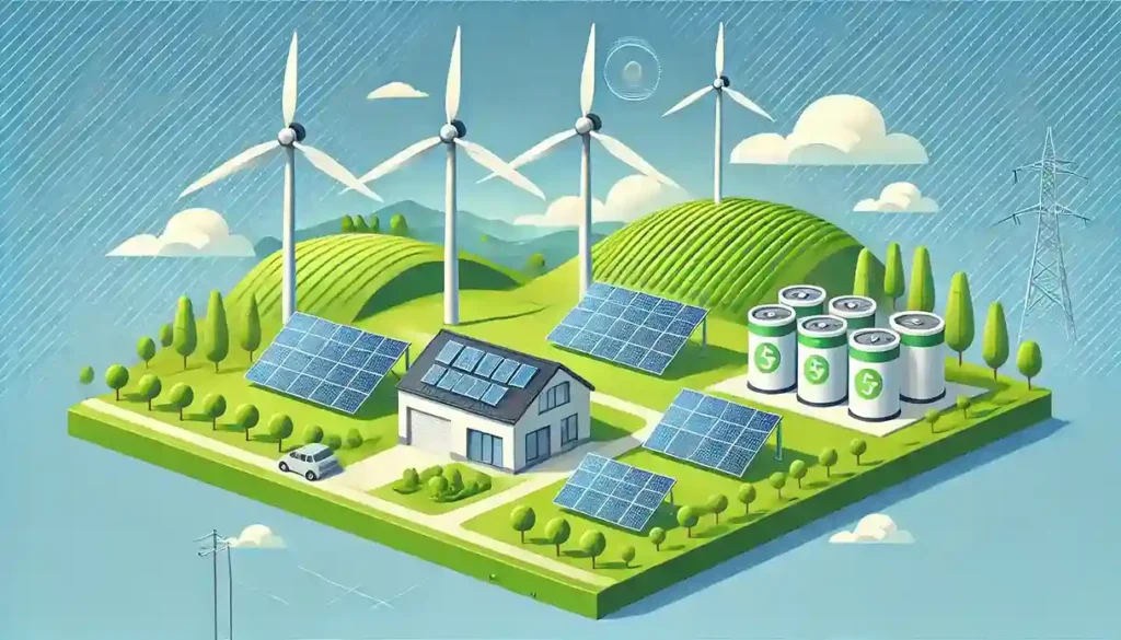 Illustration of renewable energy installations featuring solar panels on rooftops, wind turbines on hills, and a battery storage facility in a green landscape under a blue sky.