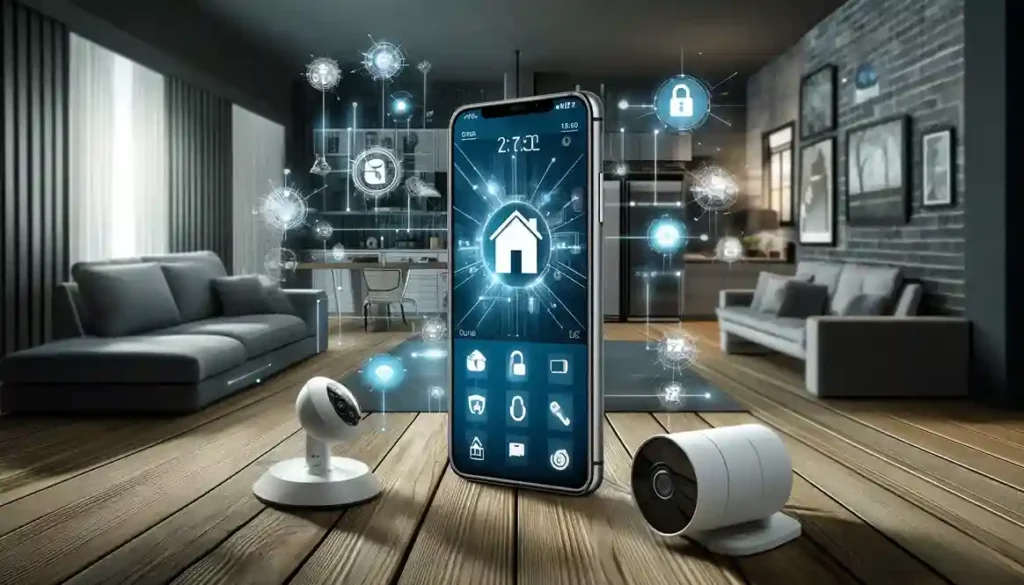 It illustrates a modern setup featuring a mobile app interface, security cameras, and smart locks in a secure residential setting.