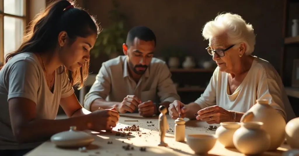 A diverse collection of unique items, including vintage toys, rare coins, and antique artifacts, displayed on a wooden table.