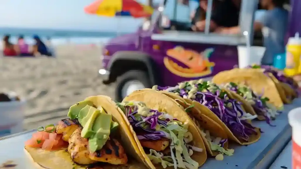 A colorful array of Mexican street food including tacos, tamales, and elote.