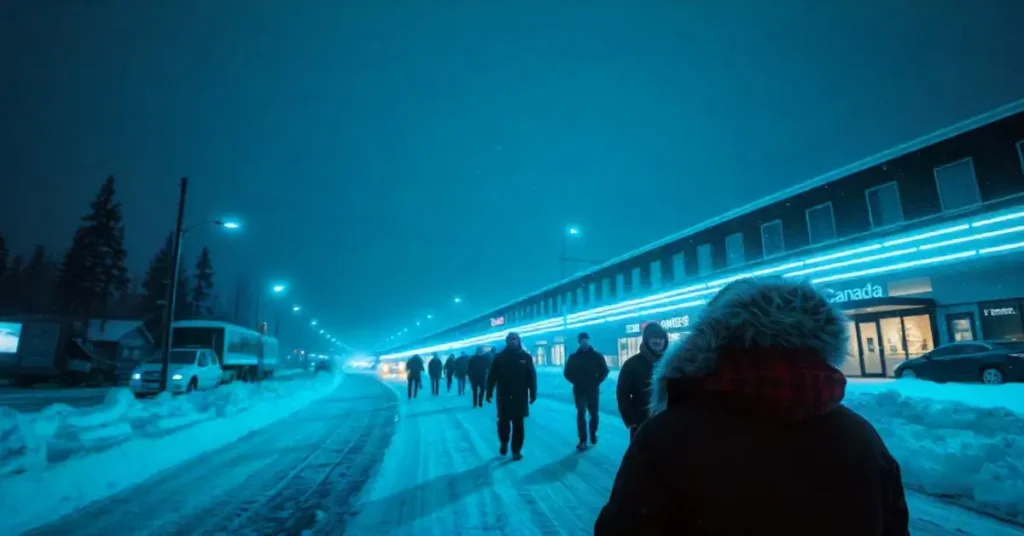 People ice skating on a frozen lake in Canada with snowy mountains in the background.