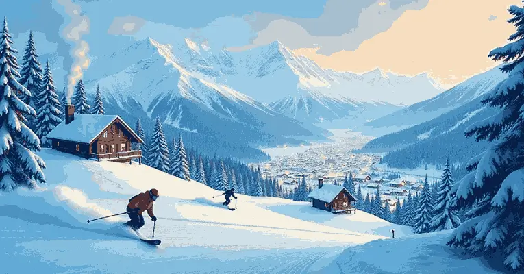 Skiers gliding down snowy slopes with a mountain village in the background, showcasing a picturesque ski resort in Canada