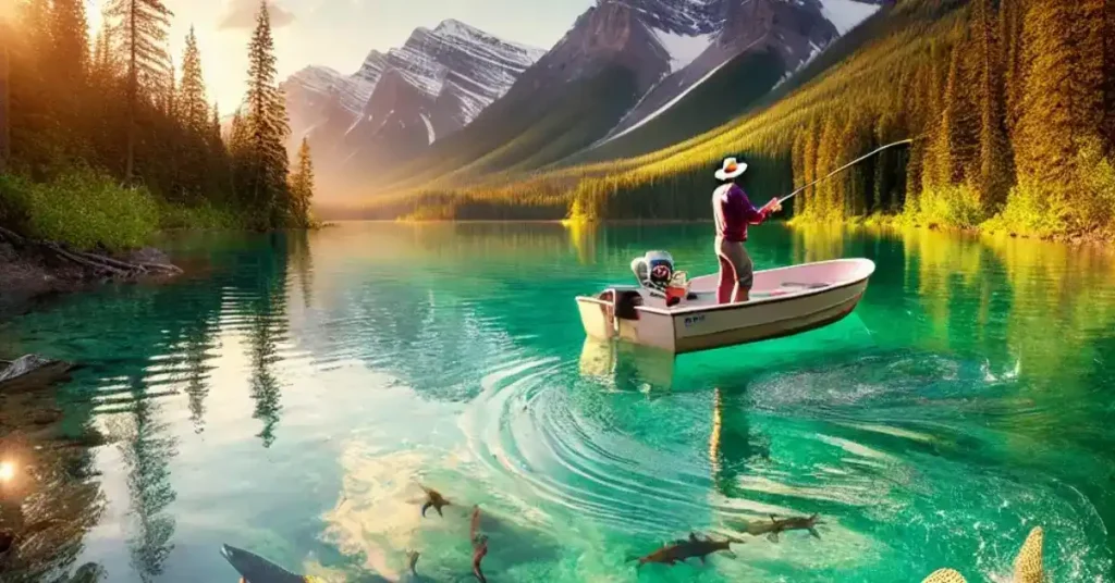 Scenic fishing spot in Canada with a fisherman on a lake surrounded by forests and mountains.
