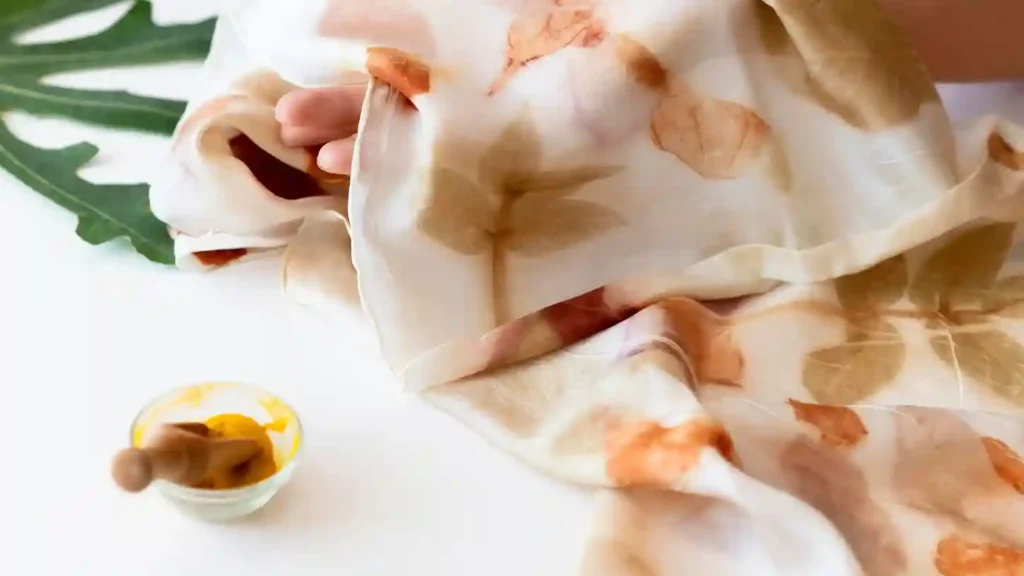 Ecoprint textile with natural leaf imprints on fabric