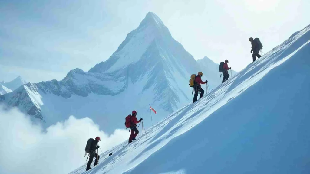 Climbers ascending an unconquered peak in the remote Himalayas under extreme weather conditions.