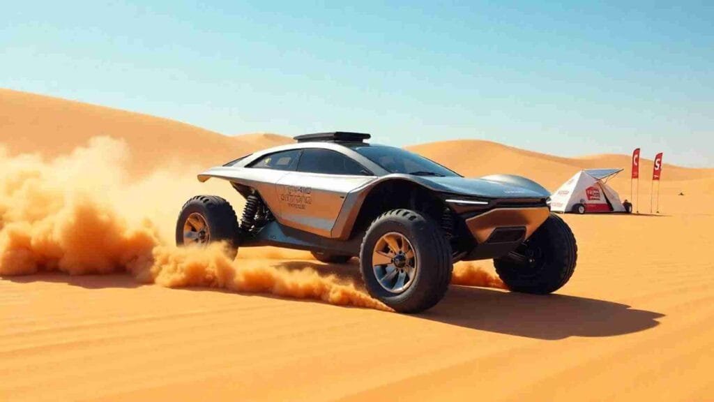 Electric off-road vehicle racing through the Sahara Desert with sand dunes and solar-powered pitstop in the background.