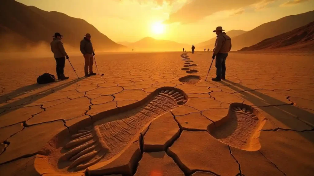 Giant humanoid footprints discovered in the Atacama Desert being examined by scientists.