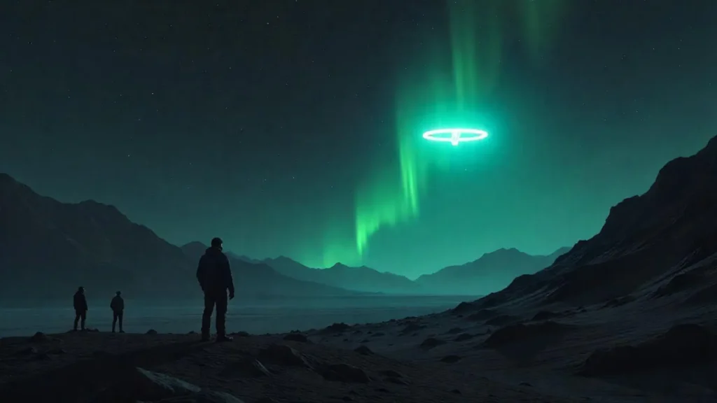 Mysterious lights in the night sky observed by eyewitnesses and a pilot over a remote mountain landscape.