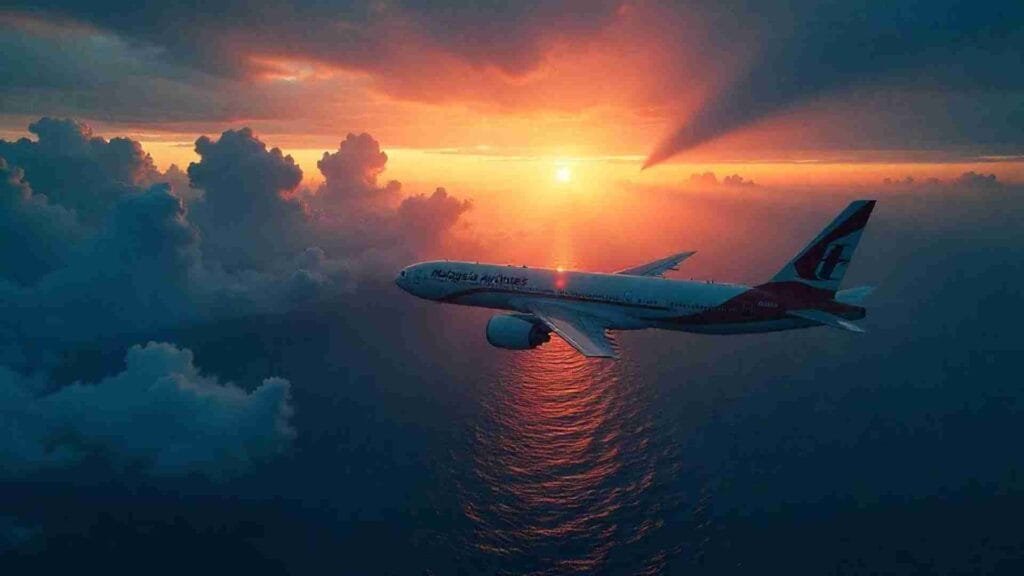An illustration of Malaysia Airlines Flight MH370 flying over the ocean at sunset, surrounded by mysterious clouds and radar signals in the sky.